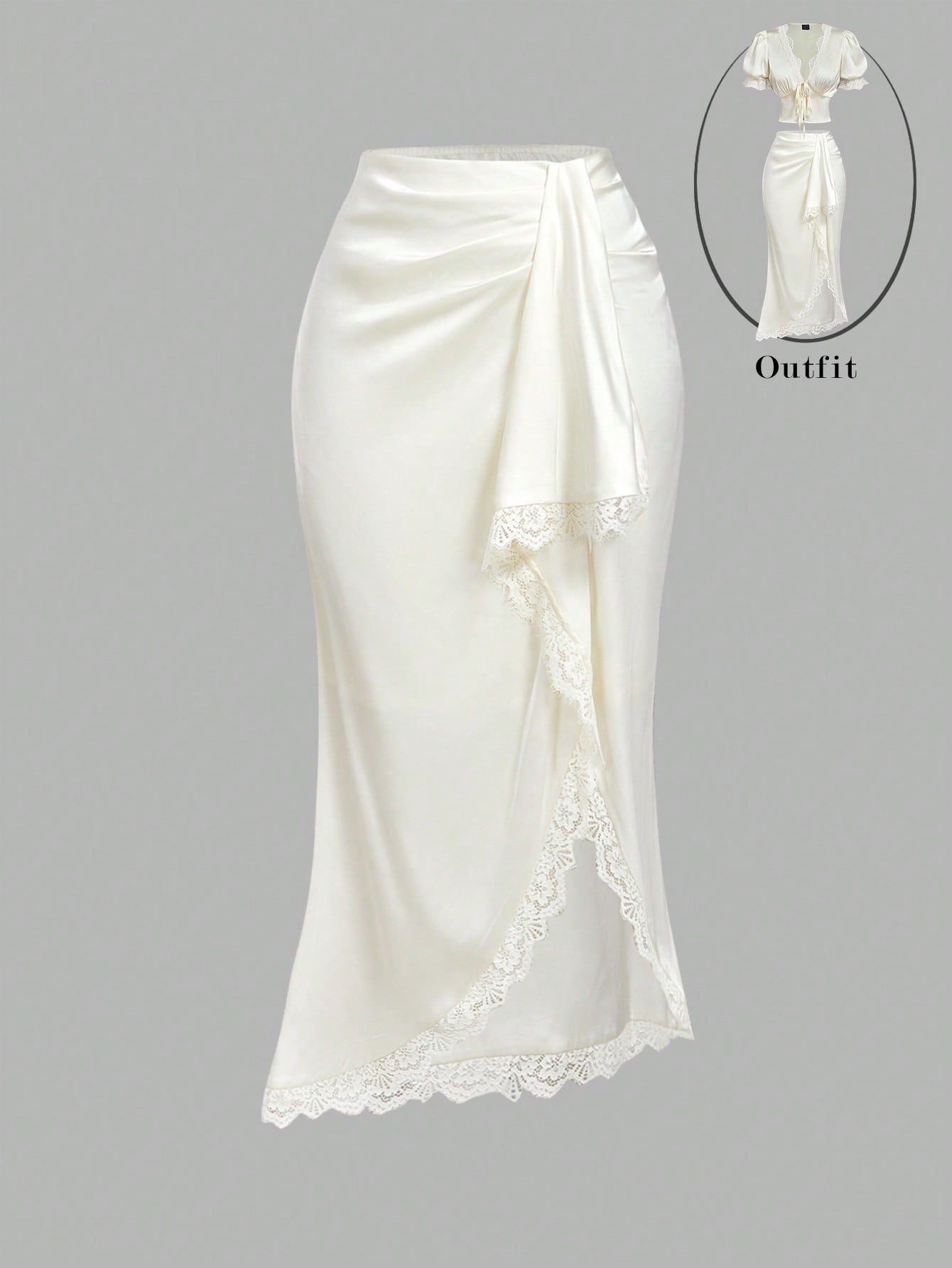 Women's elegant pink satin asymmetrical long skirt featuring contrast lace patchwork, ruched knot detailing, and a mid-waist mermaid cut.