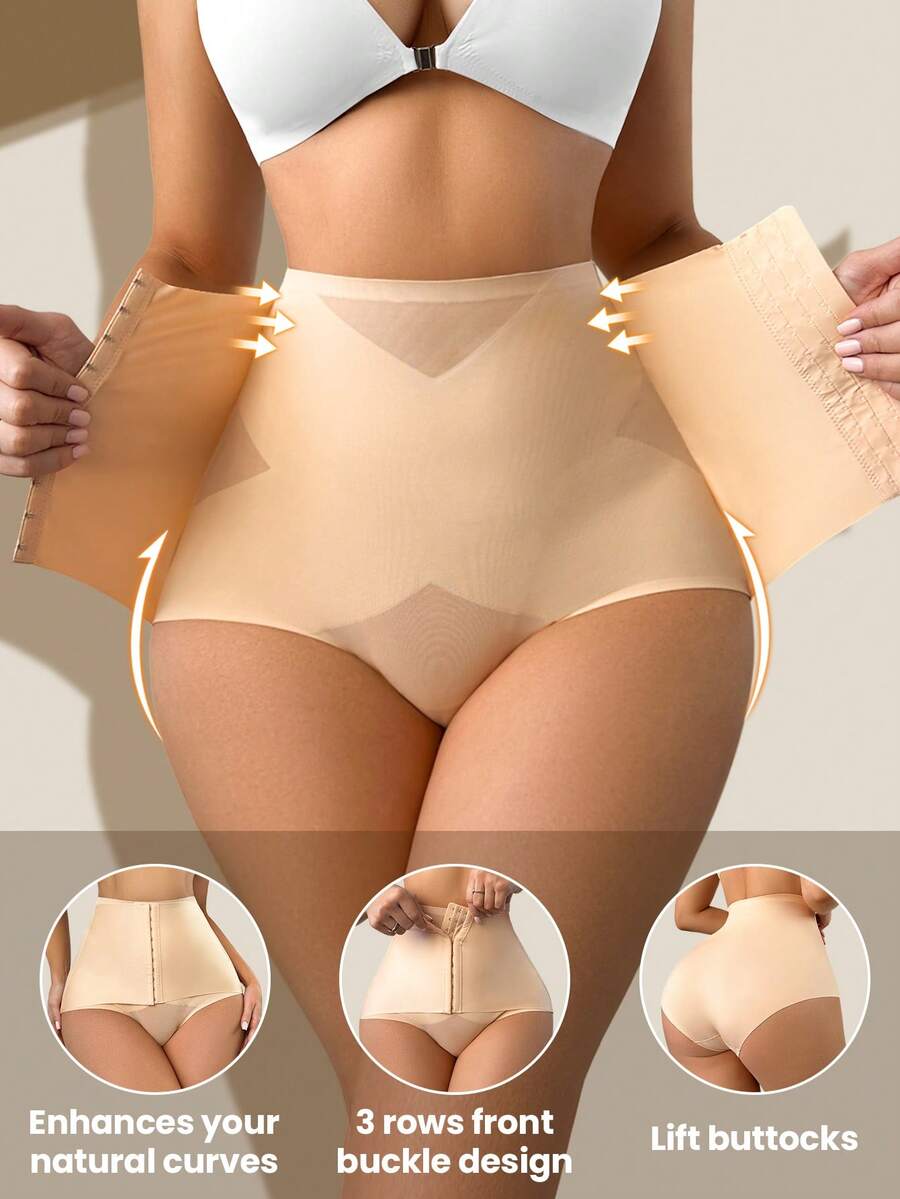 Women's high waist shapewear shorts in apricot fabric with contrast lace, front hook waist cincher, and mesh butt lifter design for tummy and thigh control.