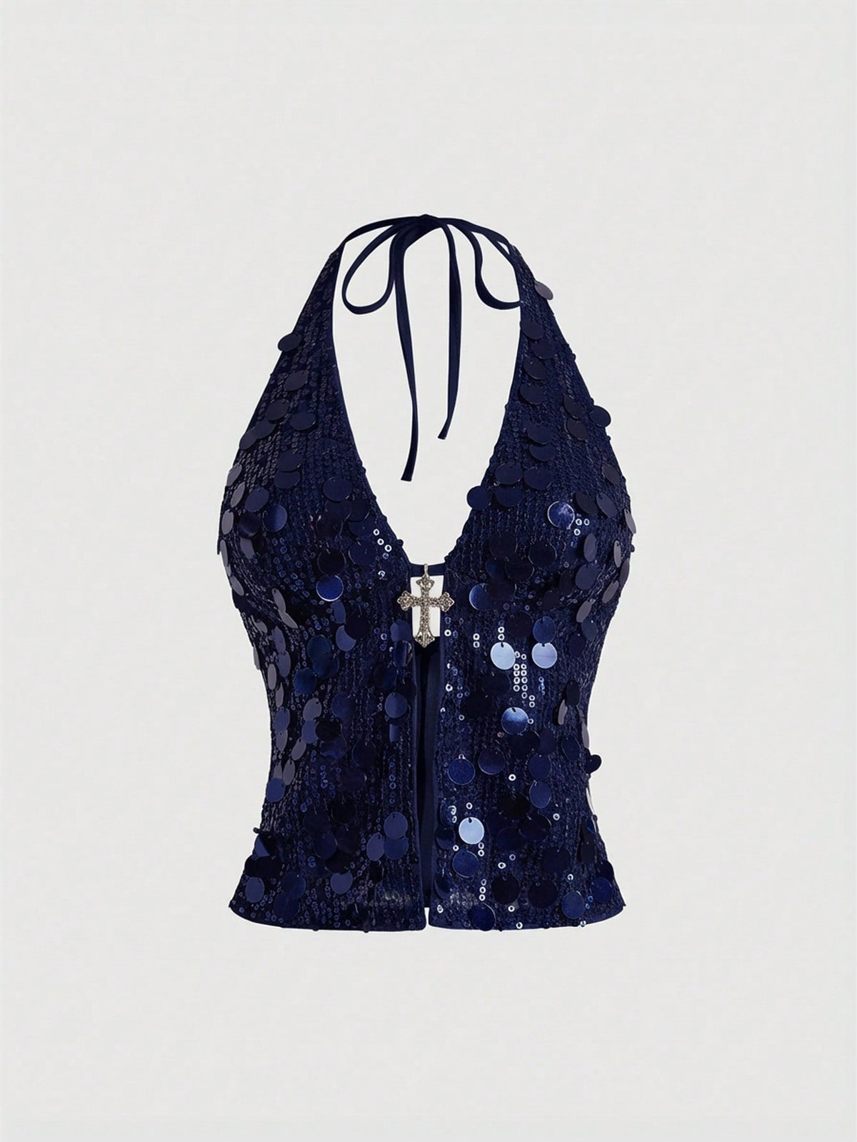 Women's white backless sequin halter neck tank top with knot details and slim fit boho style.