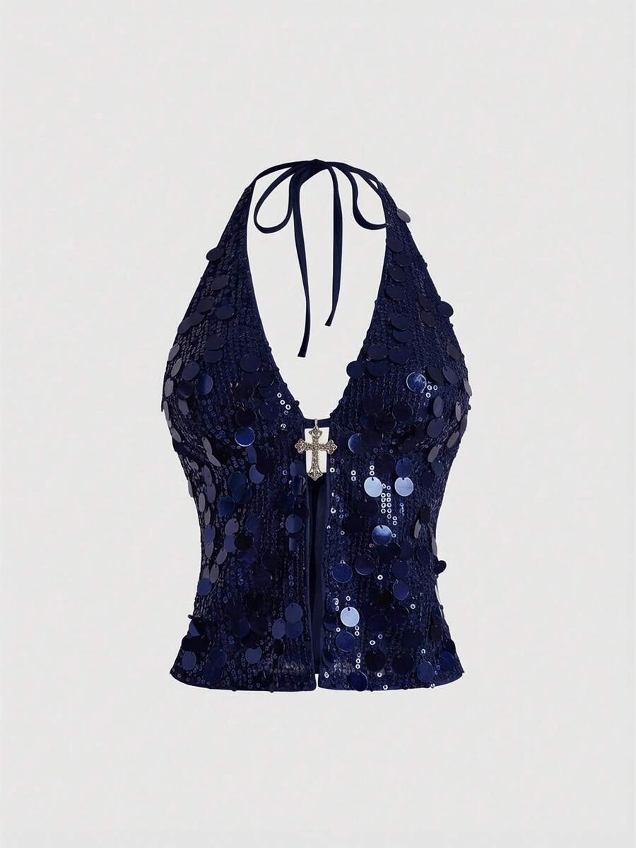 Women's white backless sequin halter neck tank top with knot details and slim fit boho style.