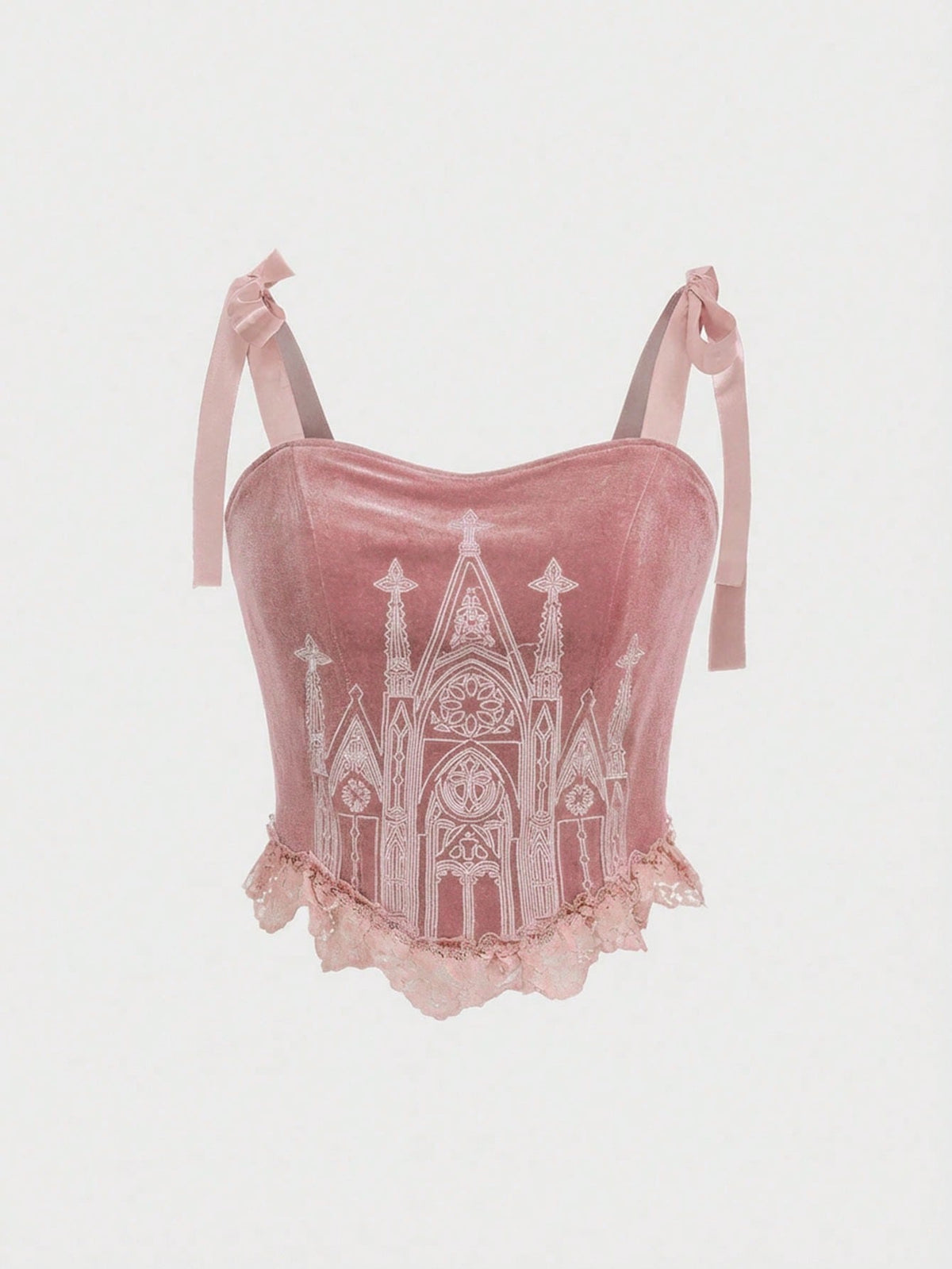 Black gothic velvet crop camisole for women featuring contrast lace trim, an asymmetrical hem, graphic print, and strap shoulder design.