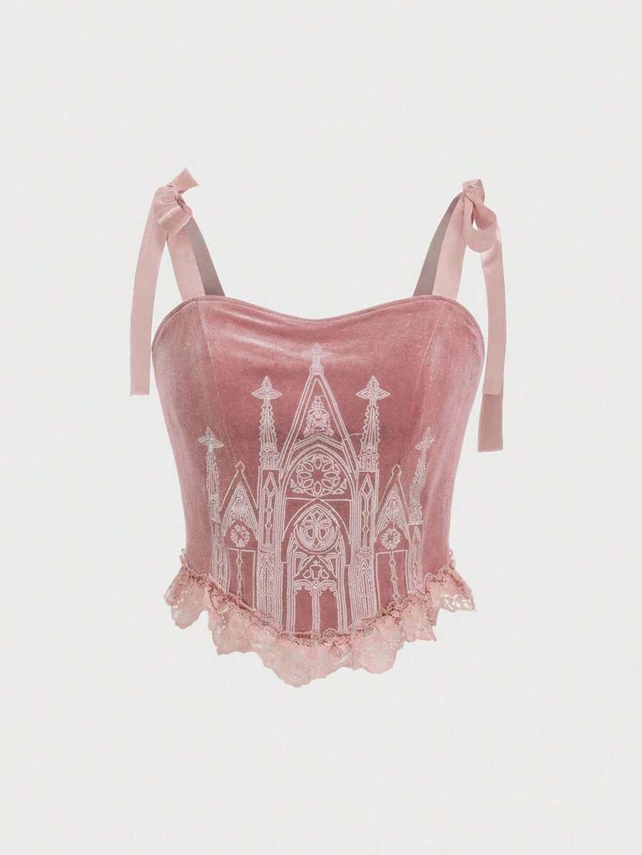 Black gothic velvet crop camisole for women featuring contrast lace trim, an asymmetrical hem, graphic print, and strap shoulder design.