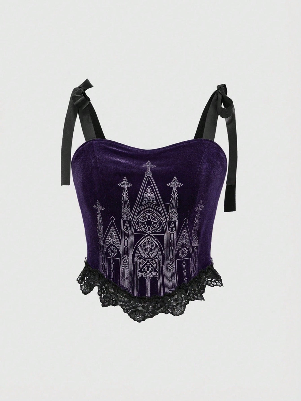 Black gothic velvet crop camisole for women featuring contrast lace trim, an asymmetrical hem, graphic print, and strap shoulder design.