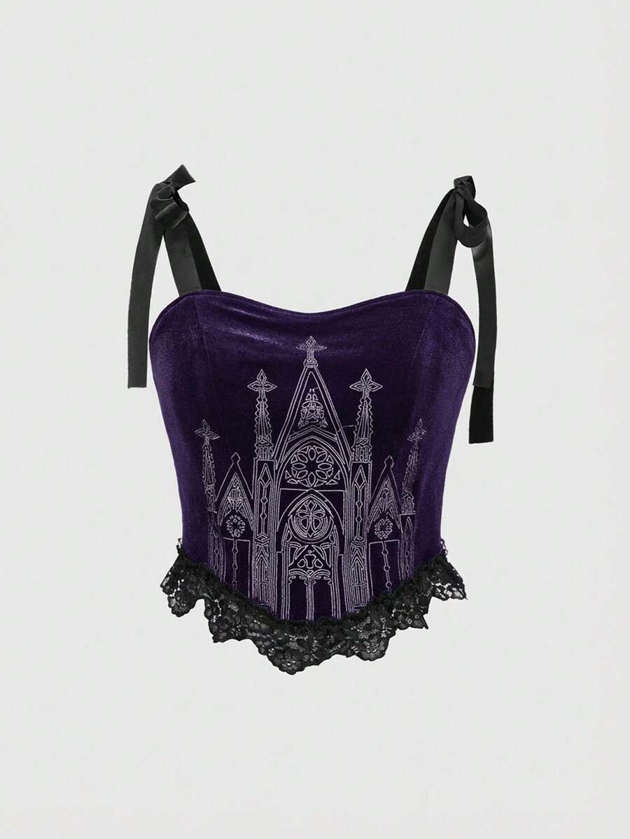 Black gothic velvet crop camisole for women featuring contrast lace trim, an asymmetrical hem, graphic print, and strap shoulder design.