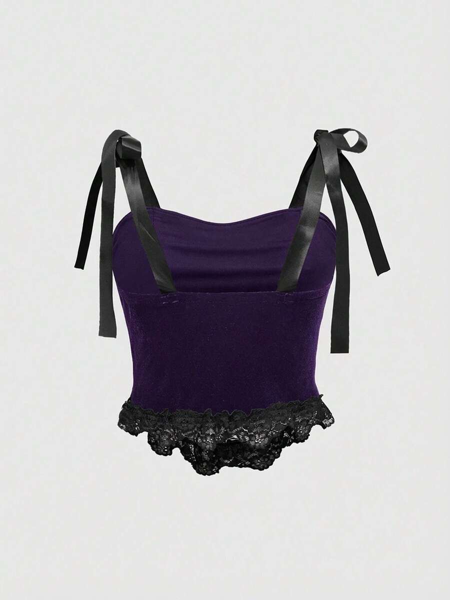 Black gothic velvet crop camisole for women featuring contrast lace trim, an asymmetrical hem, graphic print, and strap shoulder design.