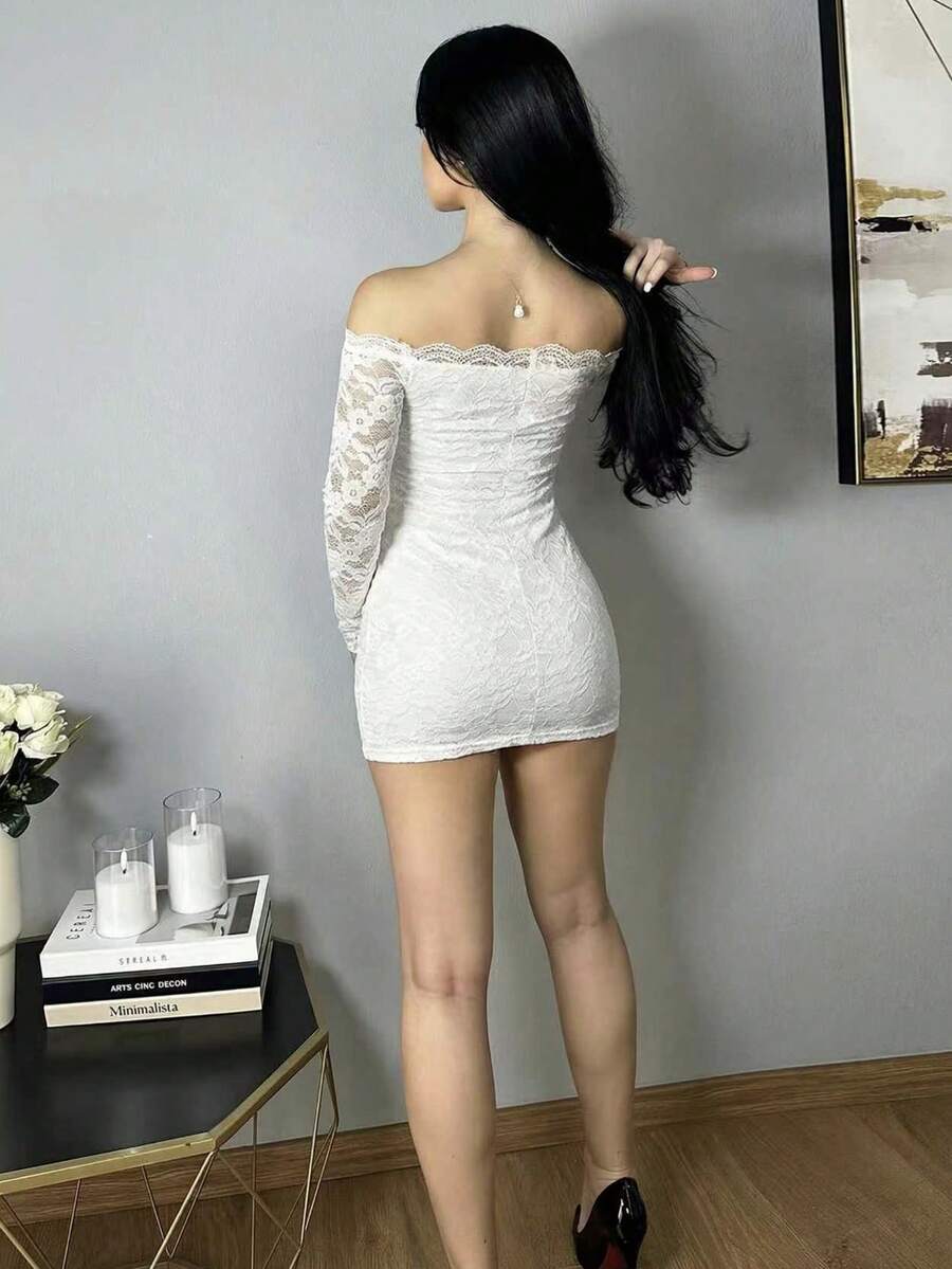 Women's off-shoulder long sleeve lace patchwork bodycon mini dress with backless detail.