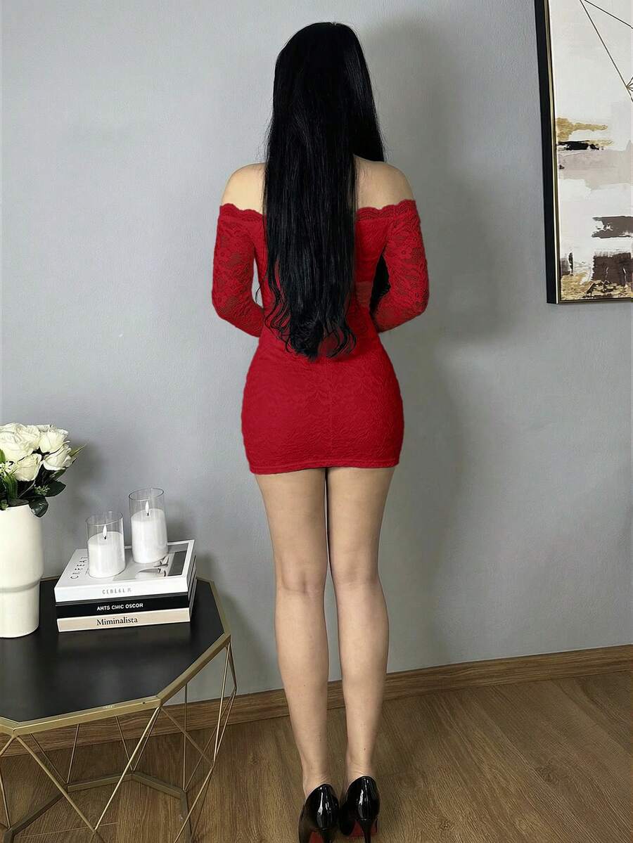 Women's off-shoulder long sleeve lace patchwork bodycon mini dress with backless detail.