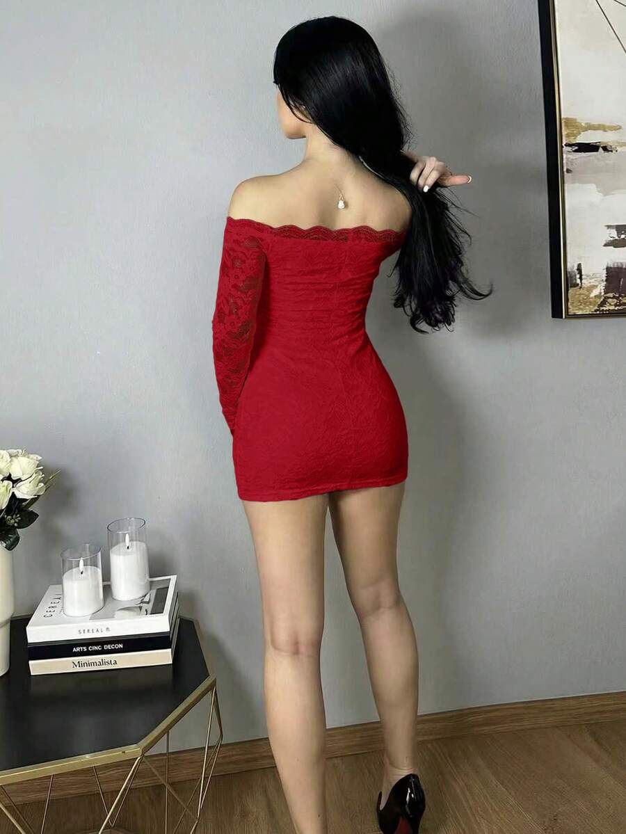 Women's off-shoulder long sleeve lace patchwork bodycon mini dress with backless detail.