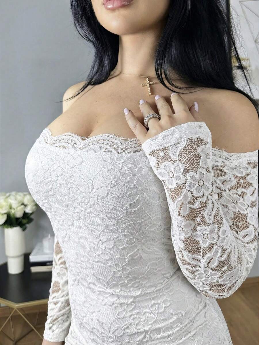 Women's off-shoulder long sleeve lace patchwork bodycon mini dress with backless detail.