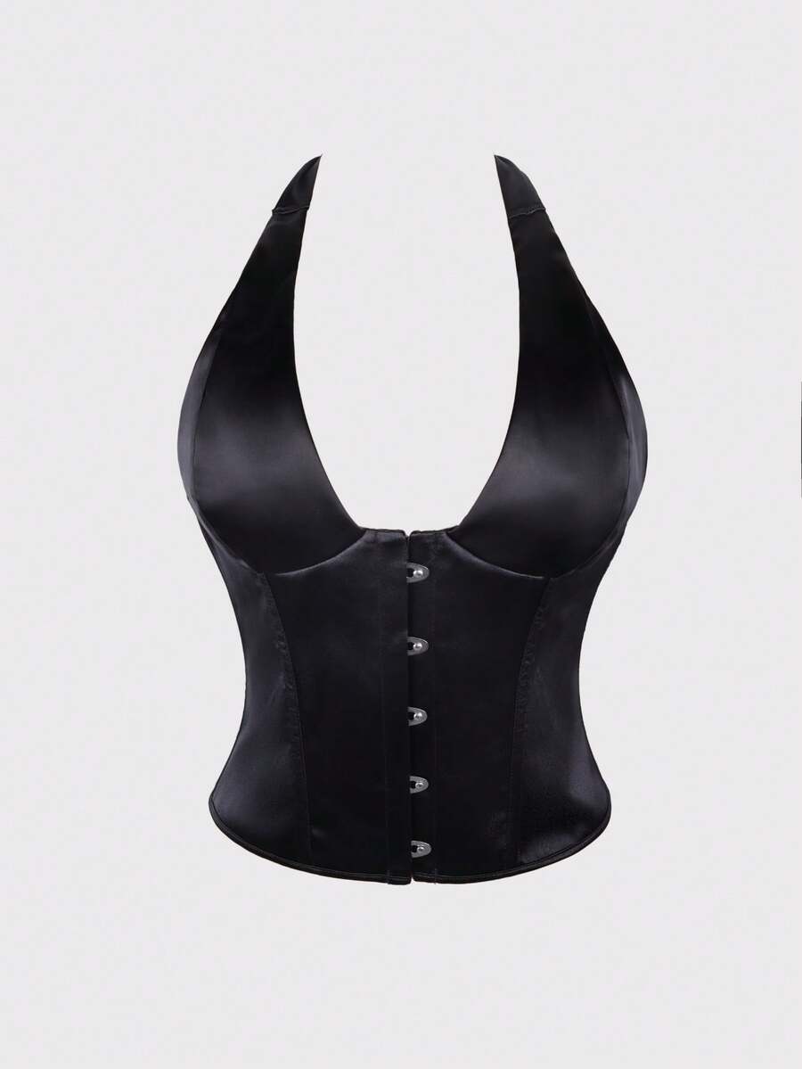 White satin corset crop top featuring a halter neck, slim fit, and back lace-up design.