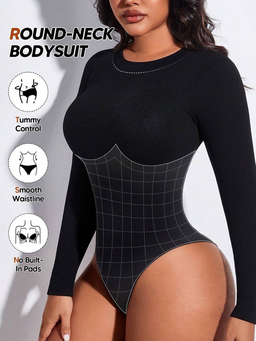 Black ribbed backless shapewear bodysuit for women featuring tummy control and light support.