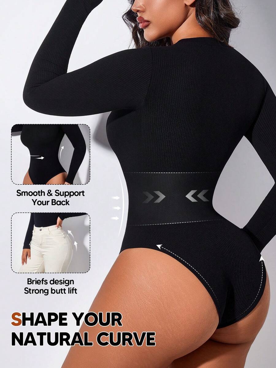 Black ribbed backless shapewear bodysuit for women featuring tummy control and light support.