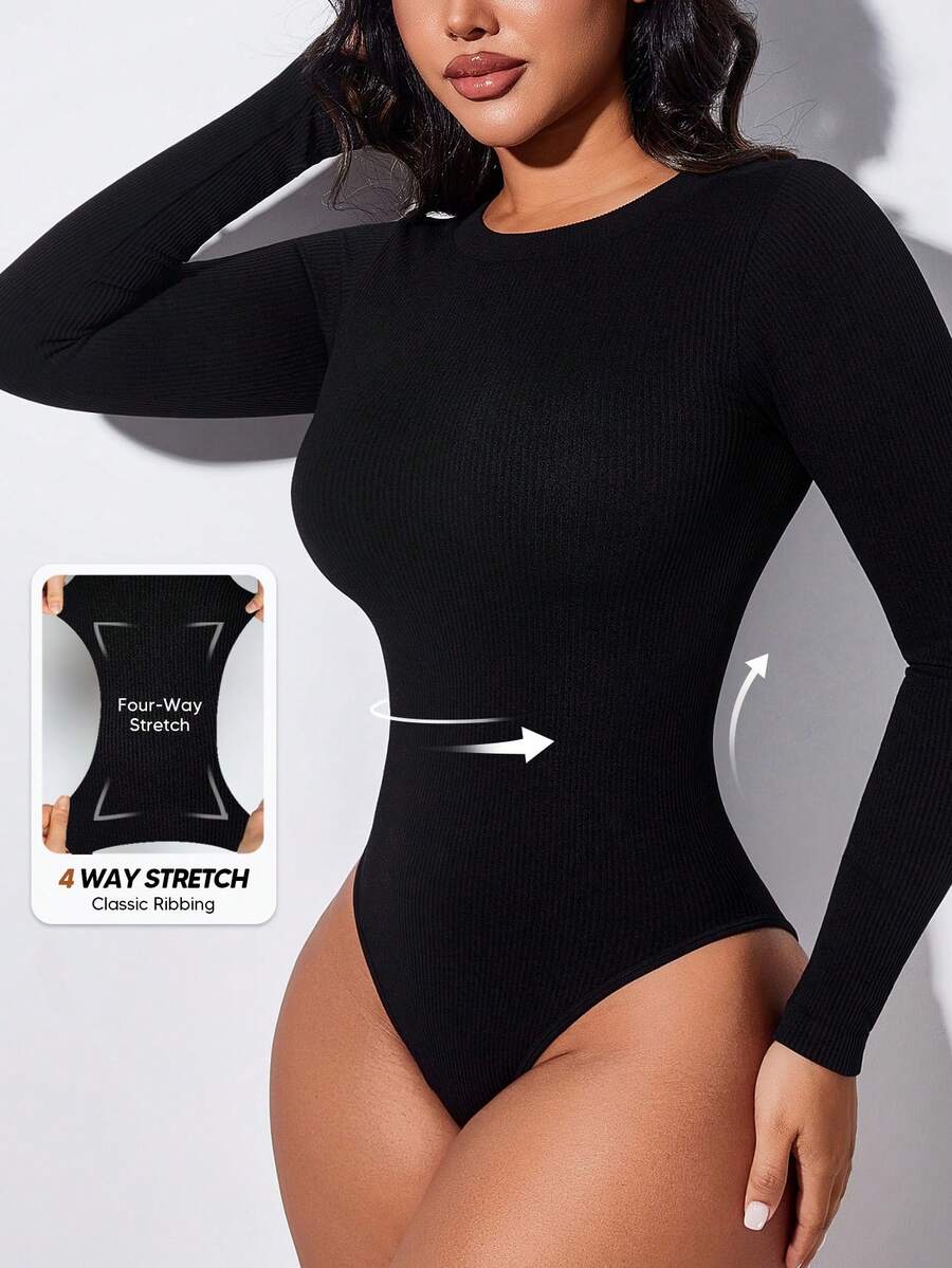 Black ribbed backless shapewear bodysuit for women featuring tummy control and light support.