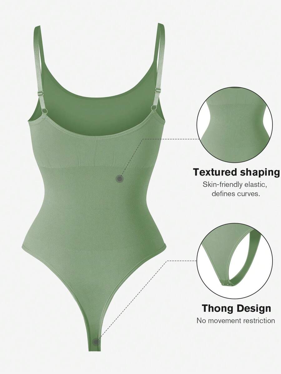 Brown seamless shapewear bodysuit featuring backless design, thong bottom, non-removable padding, and high-stretch fabric for tummy and waist control.