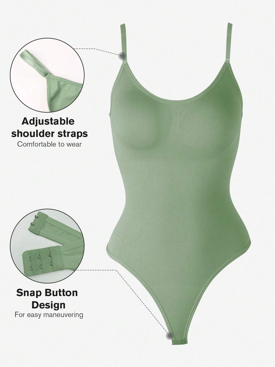Brown seamless shapewear bodysuit featuring backless design, thong bottom, non-removable padding, and high-stretch fabric for tummy and waist control.