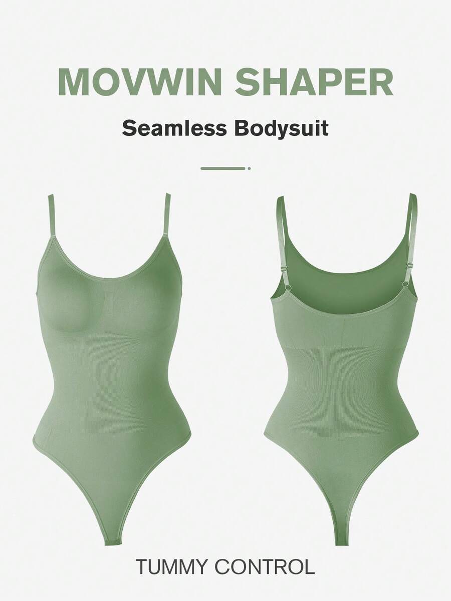 Brown seamless shapewear bodysuit featuring backless design, thong bottom, non-removable padding, and high-stretch fabric for tummy and waist control.
