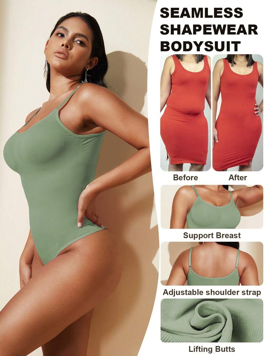 Brown seamless shapewear bodysuit featuring backless design, thong bottom, non-removable padding, and high-stretch fabric for tummy and waist control.