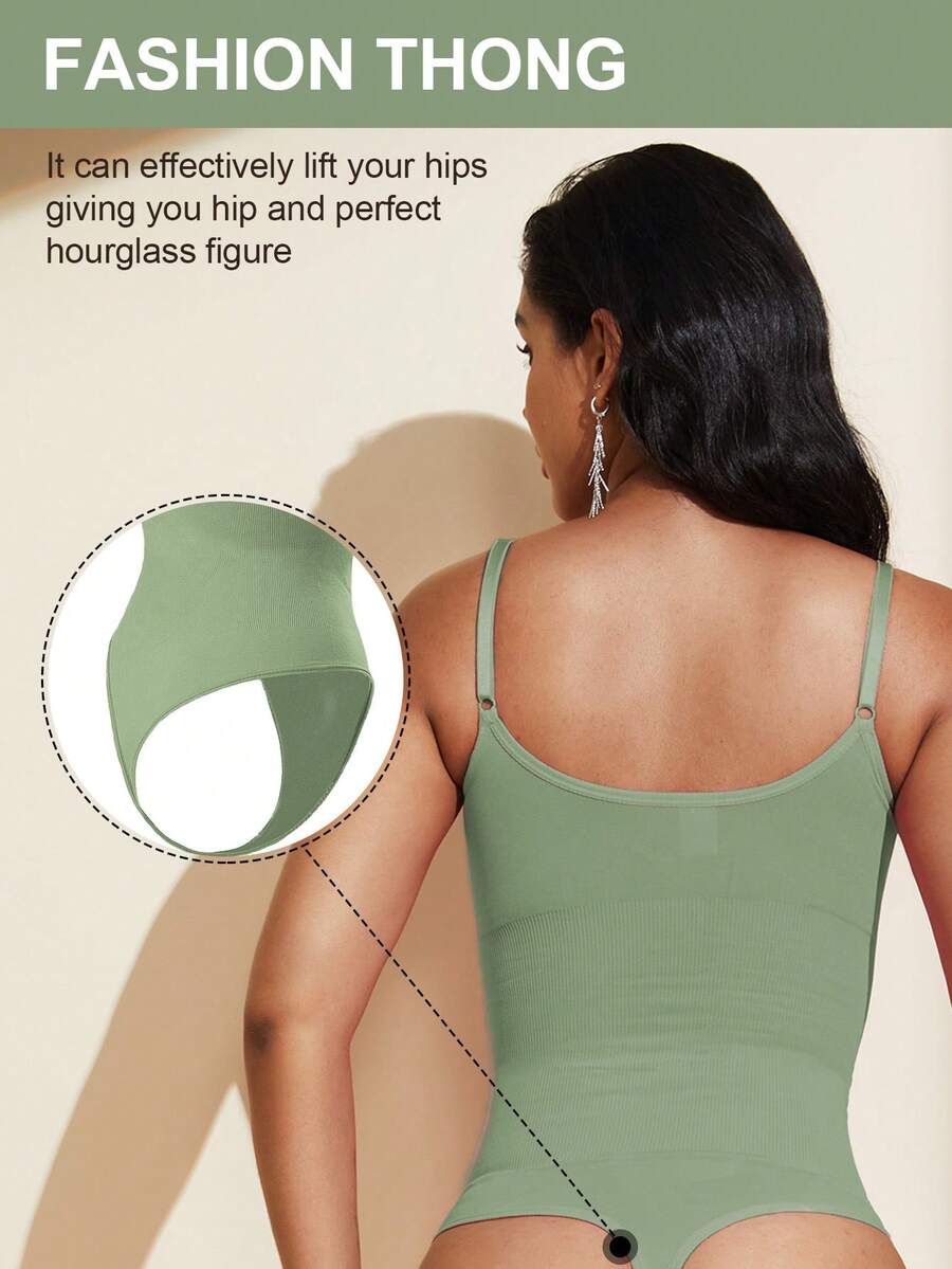 Brown seamless shapewear bodysuit featuring backless design, thong bottom, non-removable padding, and high-stretch fabric for tummy and waist control.