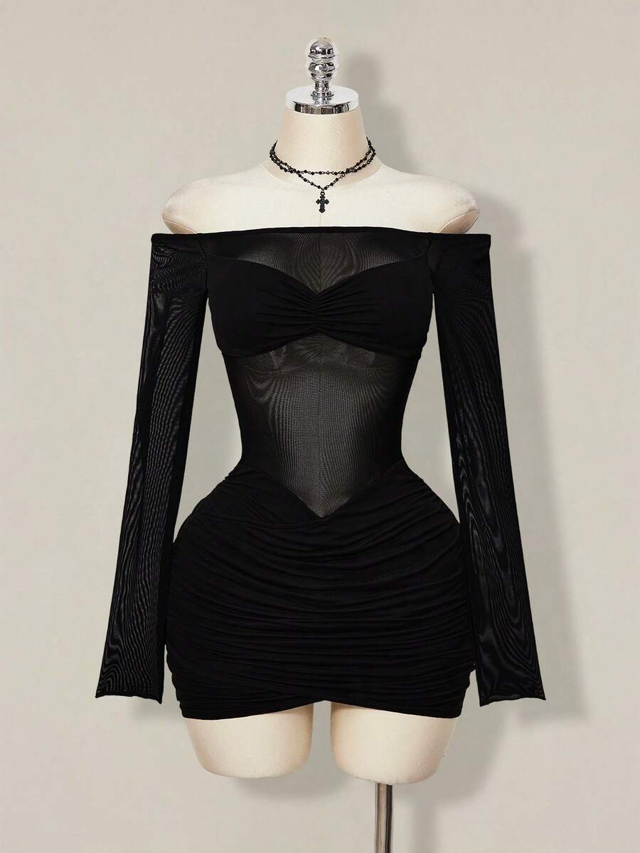 Women's black off-shoulder mini dress featuring sheer mesh patchwork details, ruched bodycon fit, and long flare sleeves.