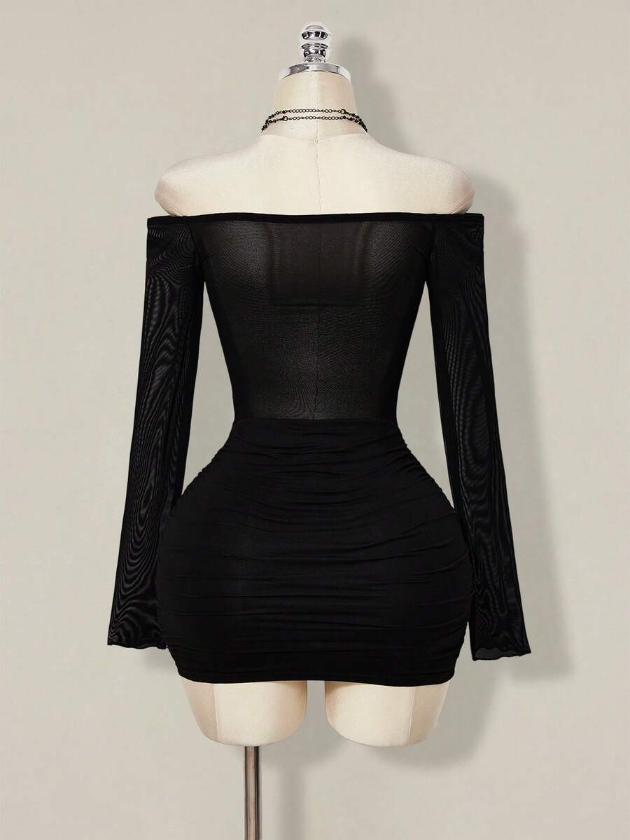Women's black off-shoulder mini dress featuring sheer mesh patchwork details, ruched bodycon fit, and long flare sleeves.