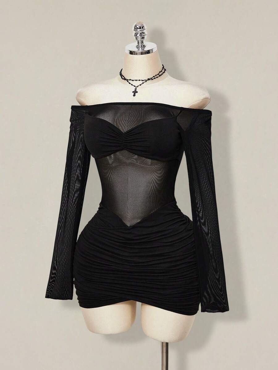 Women's black off-shoulder mini dress featuring sheer mesh patchwork details, ruched bodycon fit, and long flare sleeves.