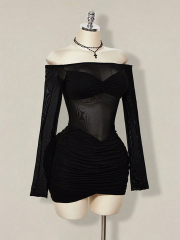 Women's black off-shoulder mini dress featuring sheer mesh patchwork details, ruched bodycon fit, and long flare sleeves.