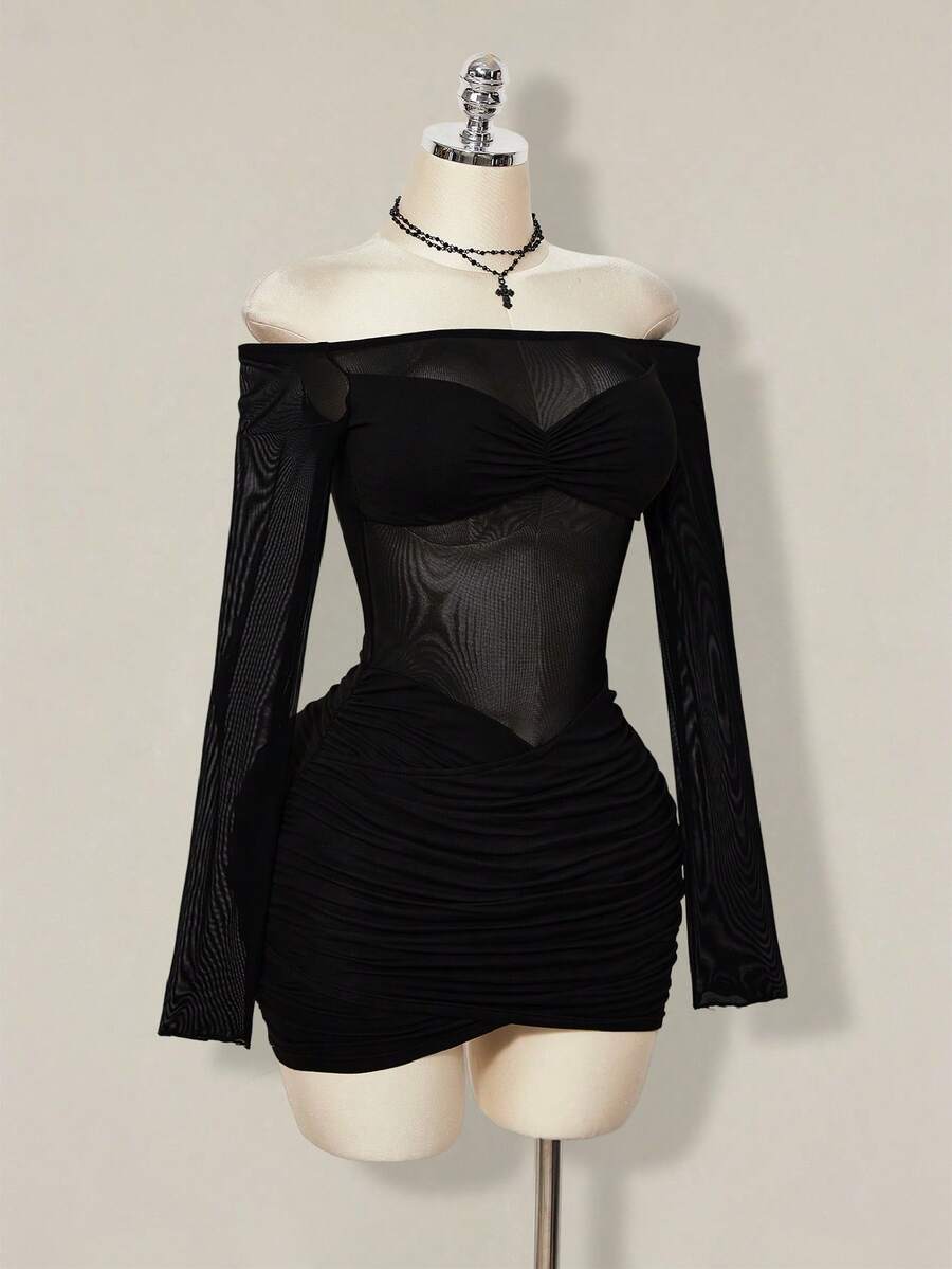 Women's black off-shoulder mini dress featuring sheer mesh patchwork details, ruched bodycon fit, and long flare sleeves.