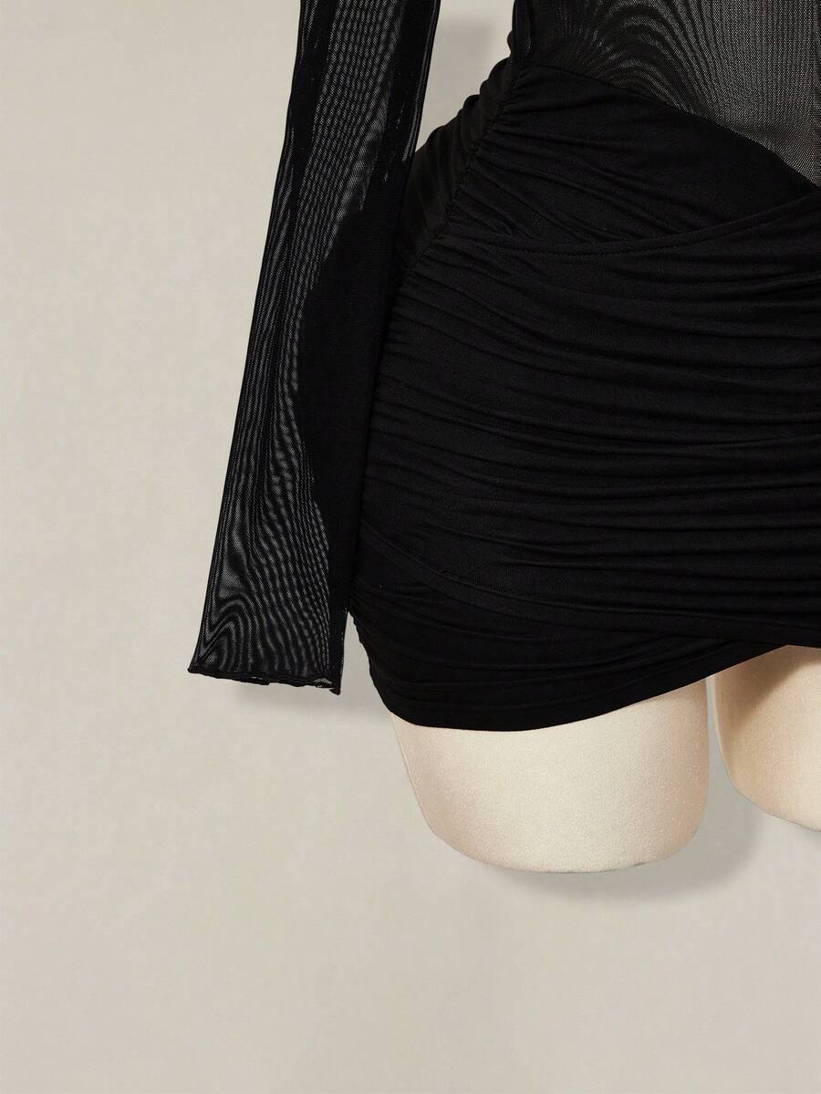 Women's black off-shoulder mini dress featuring sheer mesh patchwork details, ruched bodycon fit, and long flare sleeves.