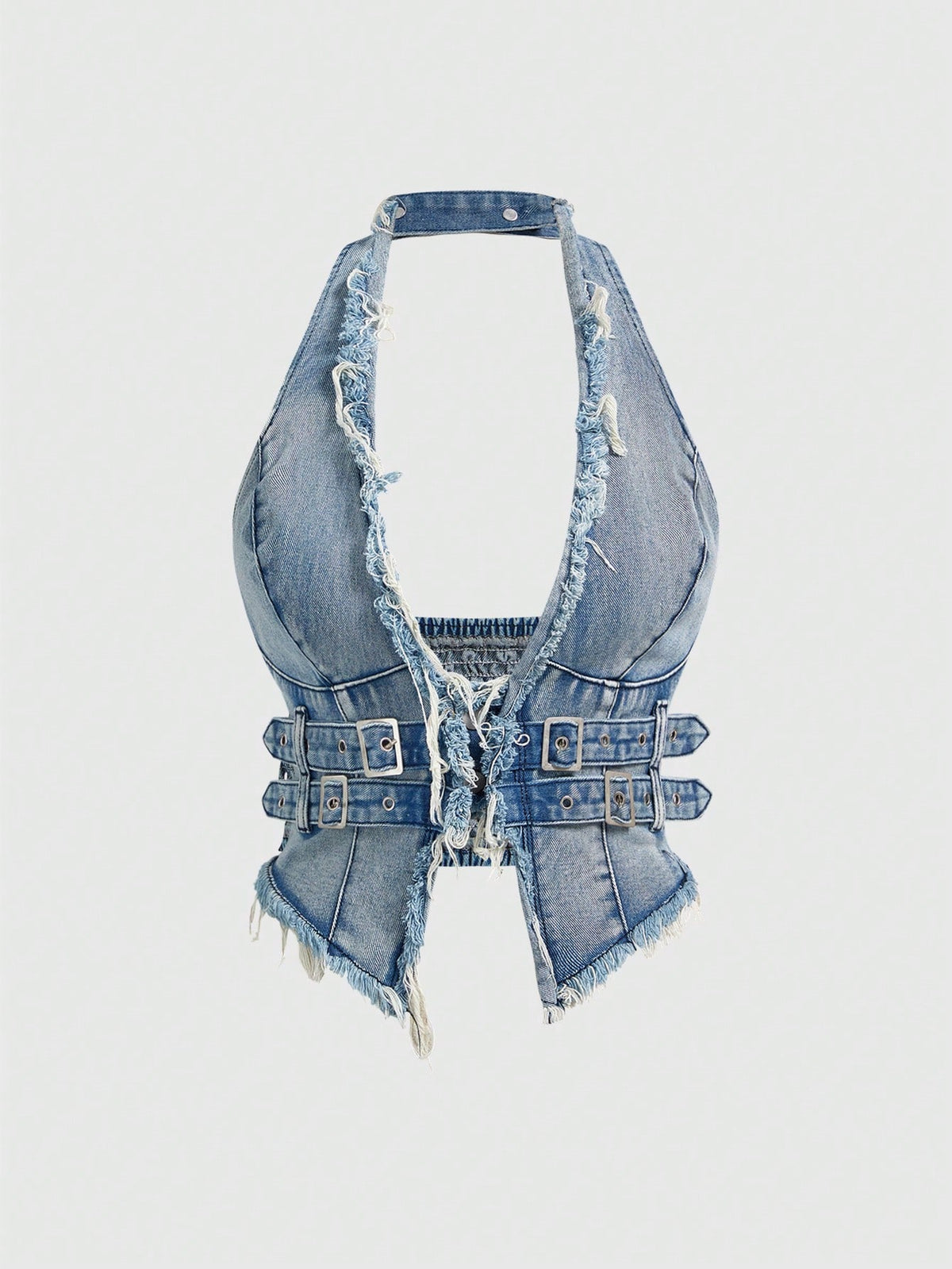 Women's denim halter crop top featuring a backless design, asymmetrical hem, single-breasted front, and lettuce trim.