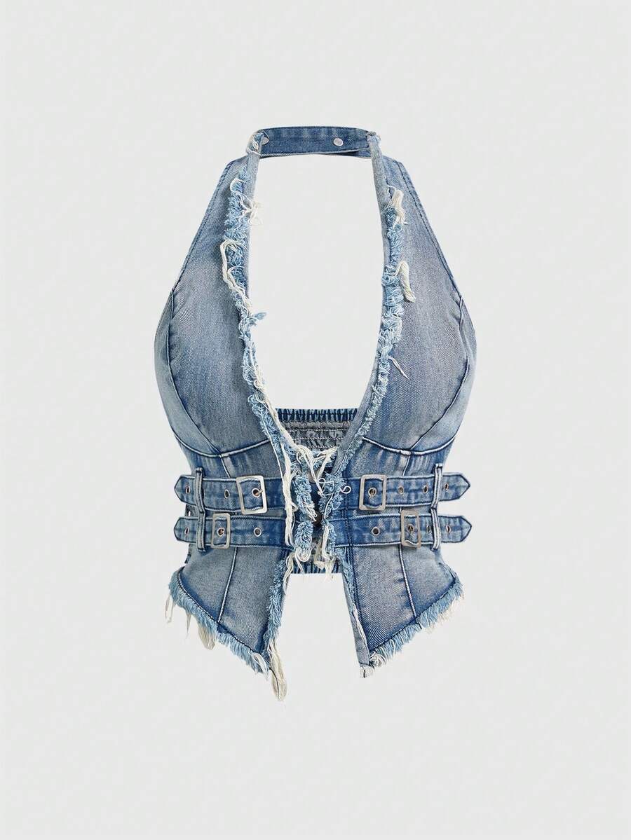 Women's denim halter crop top featuring a backless design, asymmetrical hem, single-breasted front, and lettuce trim.