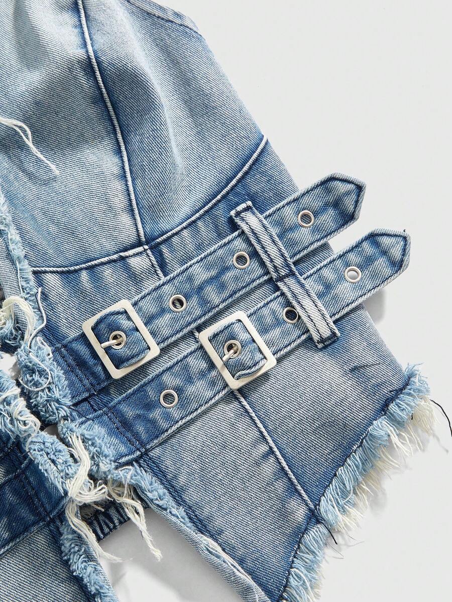 Women's denim halter crop top featuring a backless design, asymmetrical hem, single-breasted front, and lettuce trim.