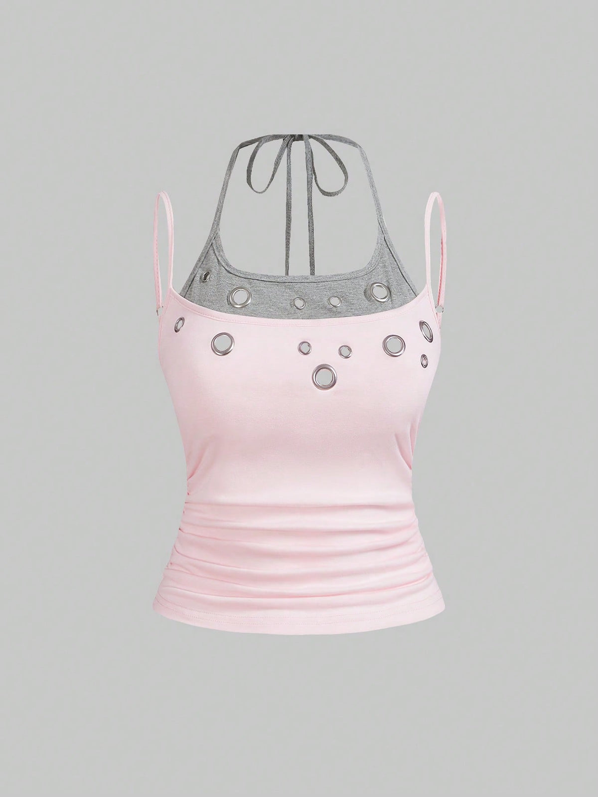 Black halter crop tank top for women featuring lace up front details, ruched accents, and appliques in a slim fit knitted fabric.