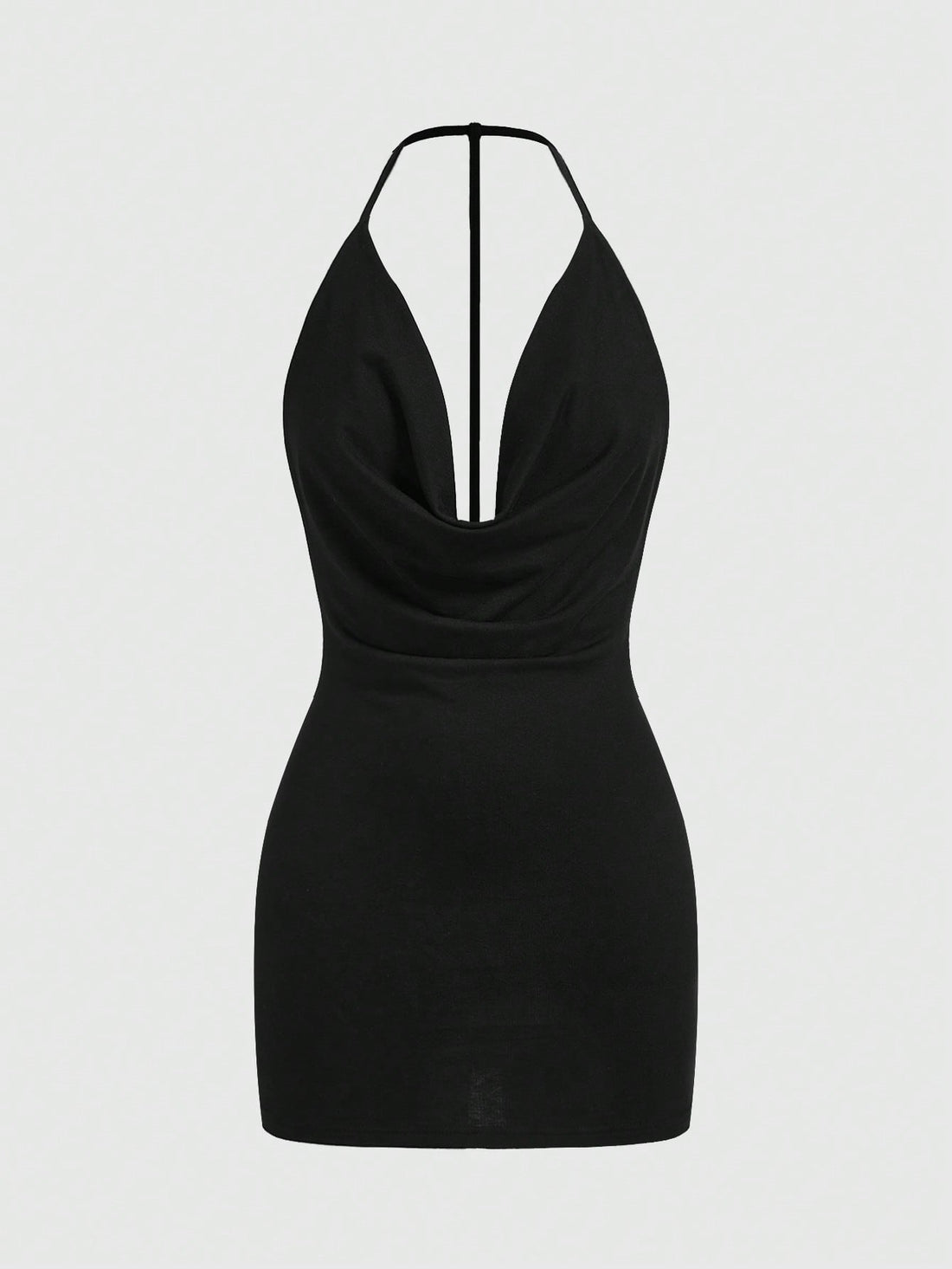 Women's halter backless mini cami dress featuring draped knot details, slim fit pencil hem silhouette, and multicolor knitted fabric.