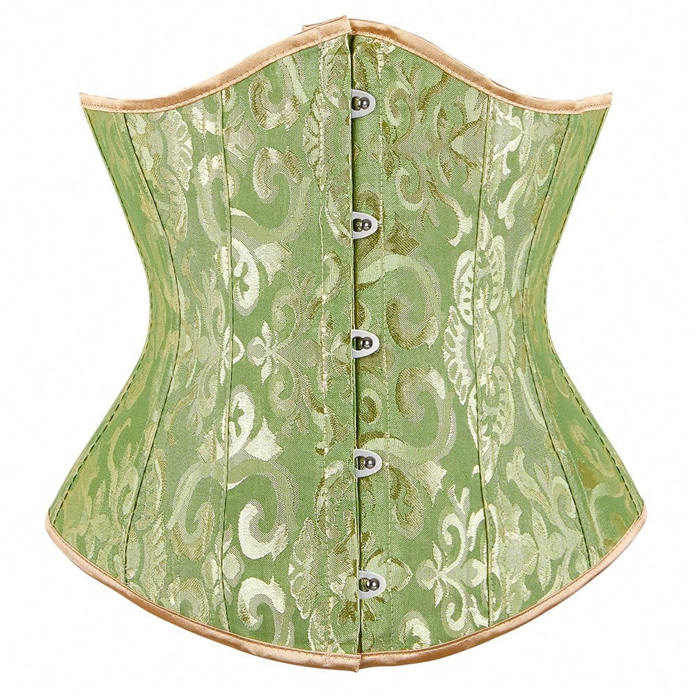 Vintage lace-up waist trainer corset with grommet eyelet details and plant pattern, designed for Halloween styling.