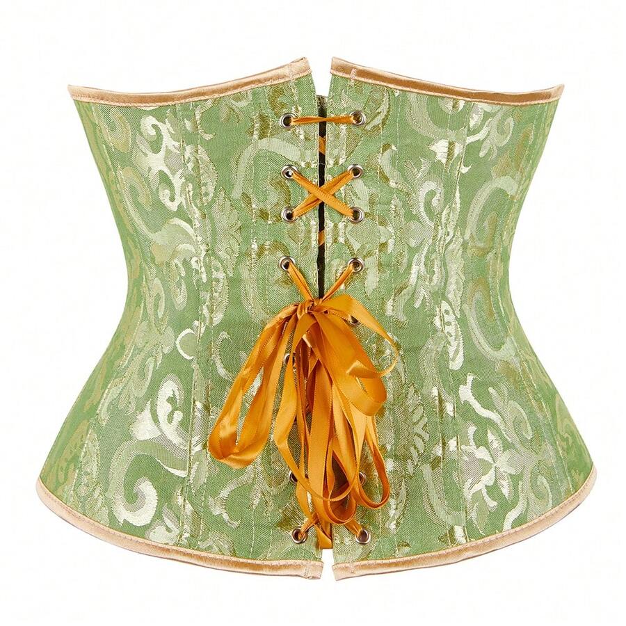 Vintage lace-up waist trainer corset with grommet eyelet details and plant pattern, designed for Halloween styling.