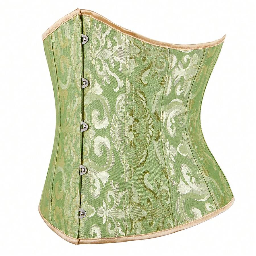 Vintage lace-up waist trainer corset with grommet eyelet details and plant pattern, designed for Halloween styling.