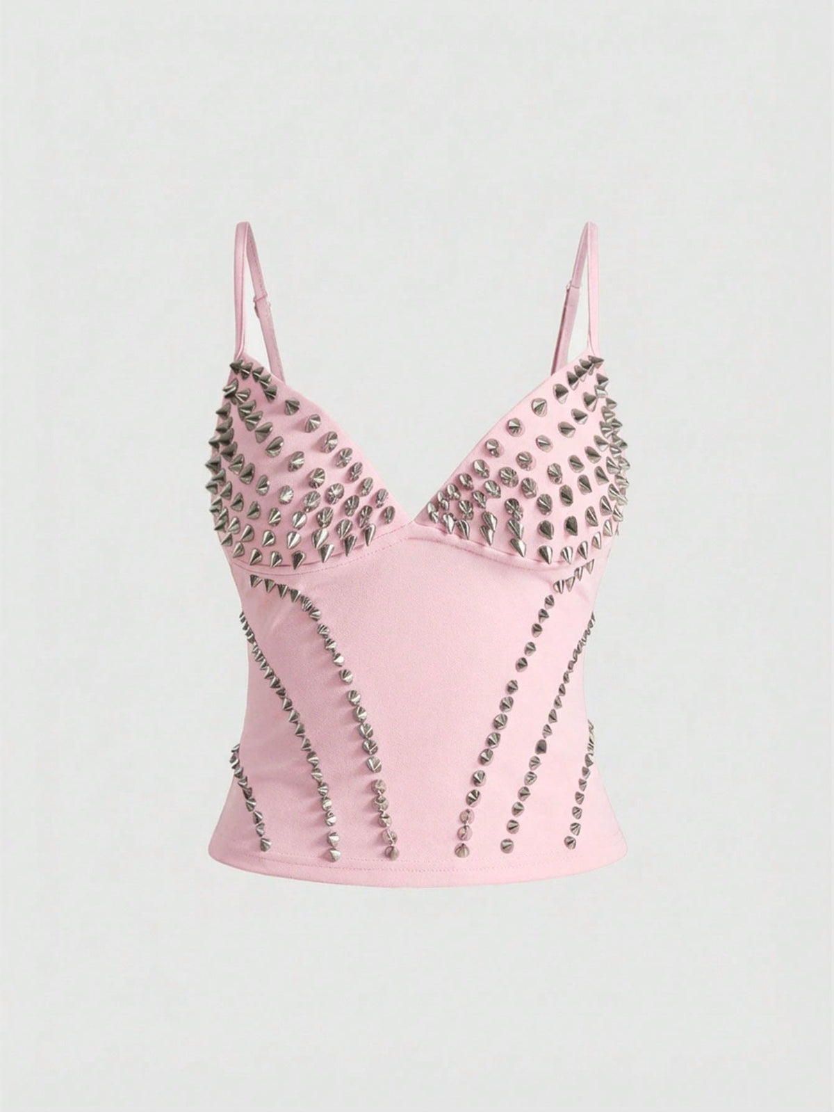 Front view of a black women's dark grunge camisole top featuring rivet studs, rhinestones, sequin details, spaghetti straps, and a slim fit.