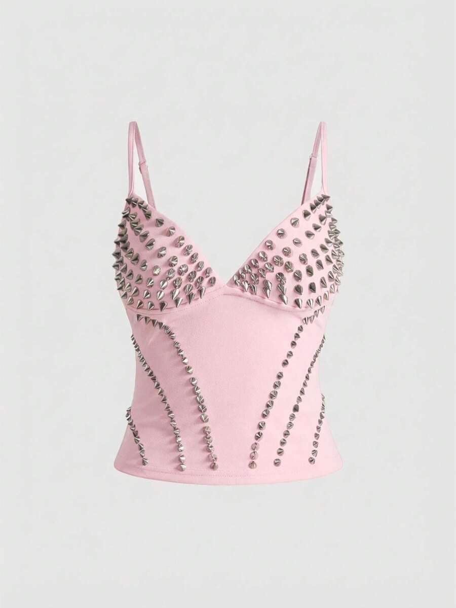 Front view of a black women's dark grunge camisole top featuring rivet studs, rhinestones, sequin details, spaghetti straps, and a slim fit.