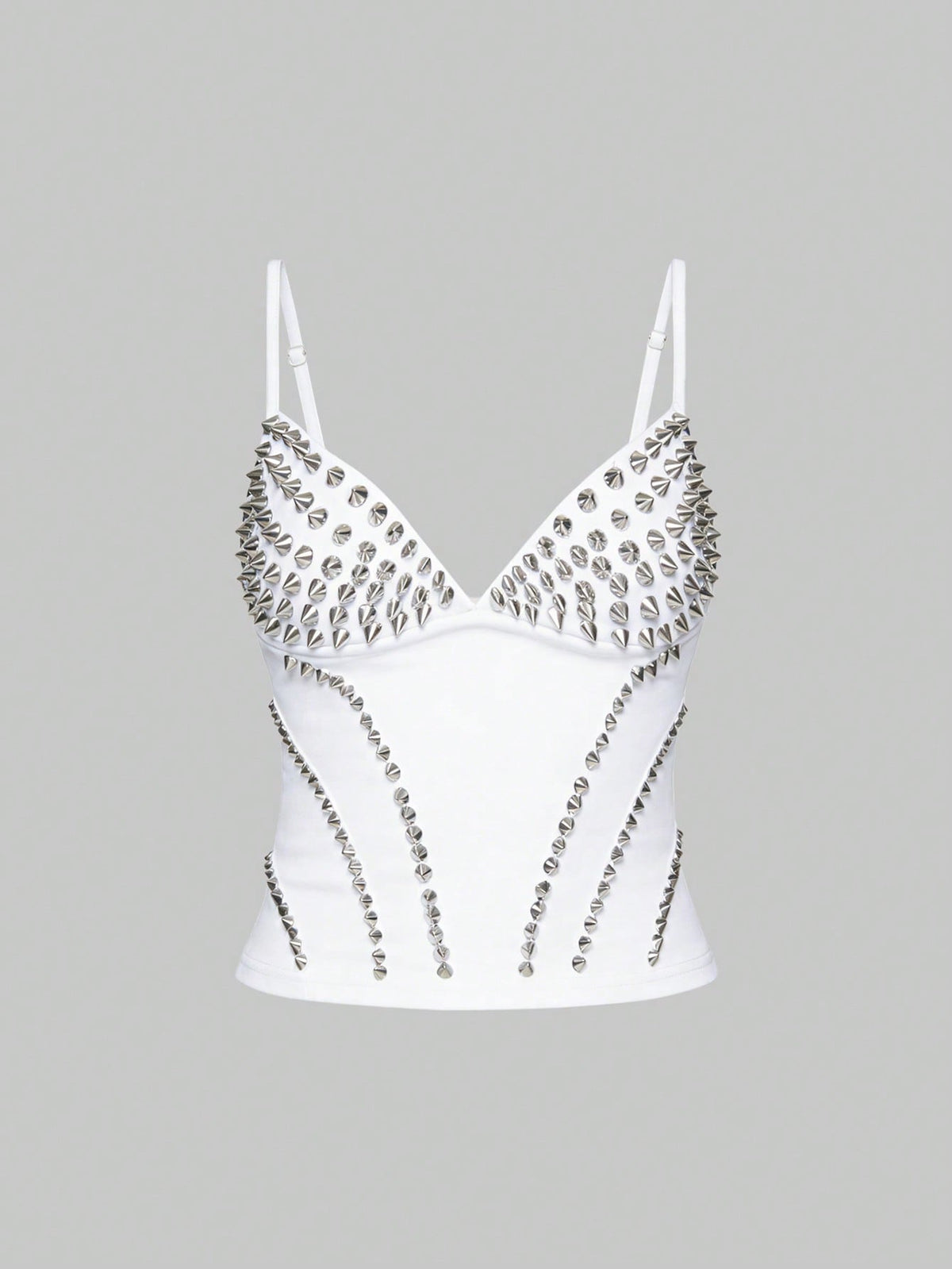 Front view of a black women's dark grunge camisole top featuring rivet studs, rhinestones, sequin details, spaghetti straps, and a slim fit.