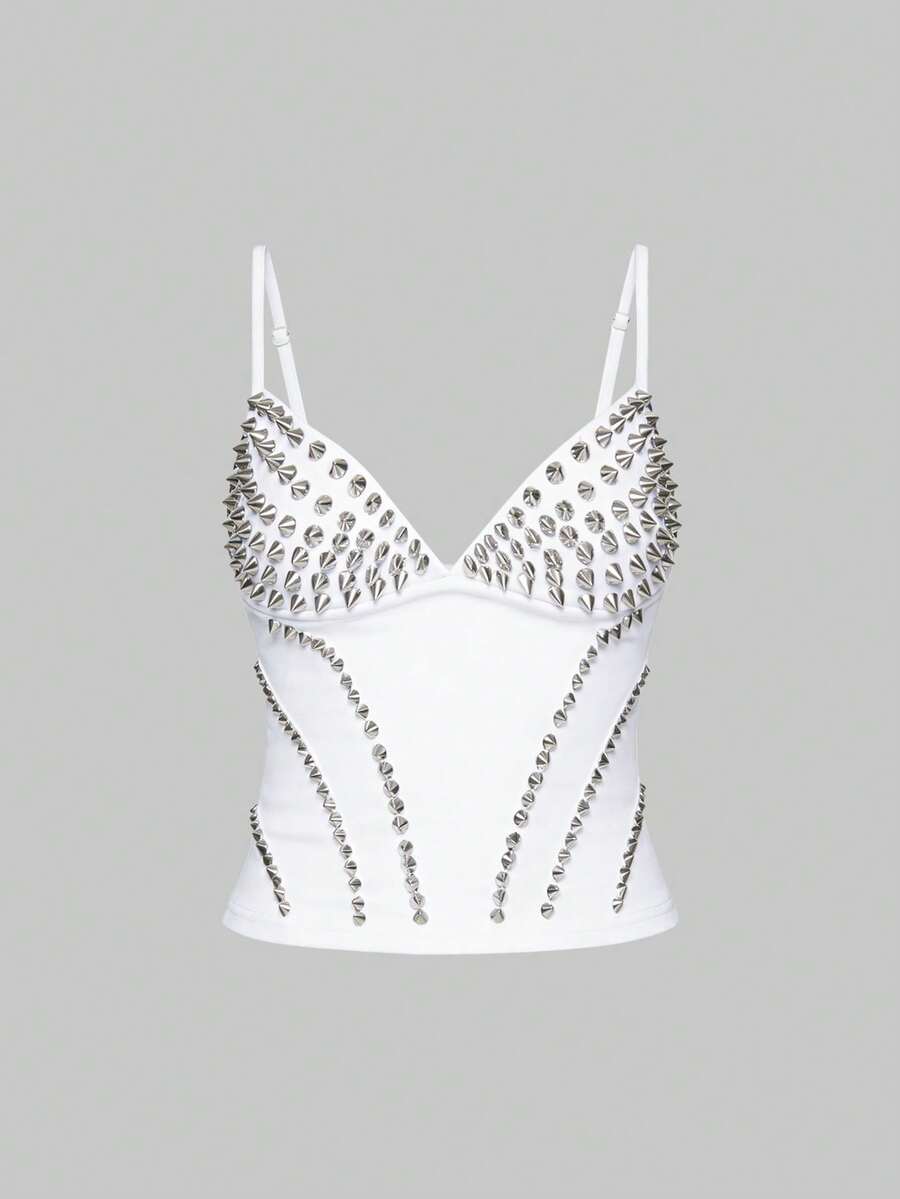 Front view of a black women's dark grunge camisole top featuring rivet studs, rhinestones, sequin details, spaghetti straps, and a slim fit.