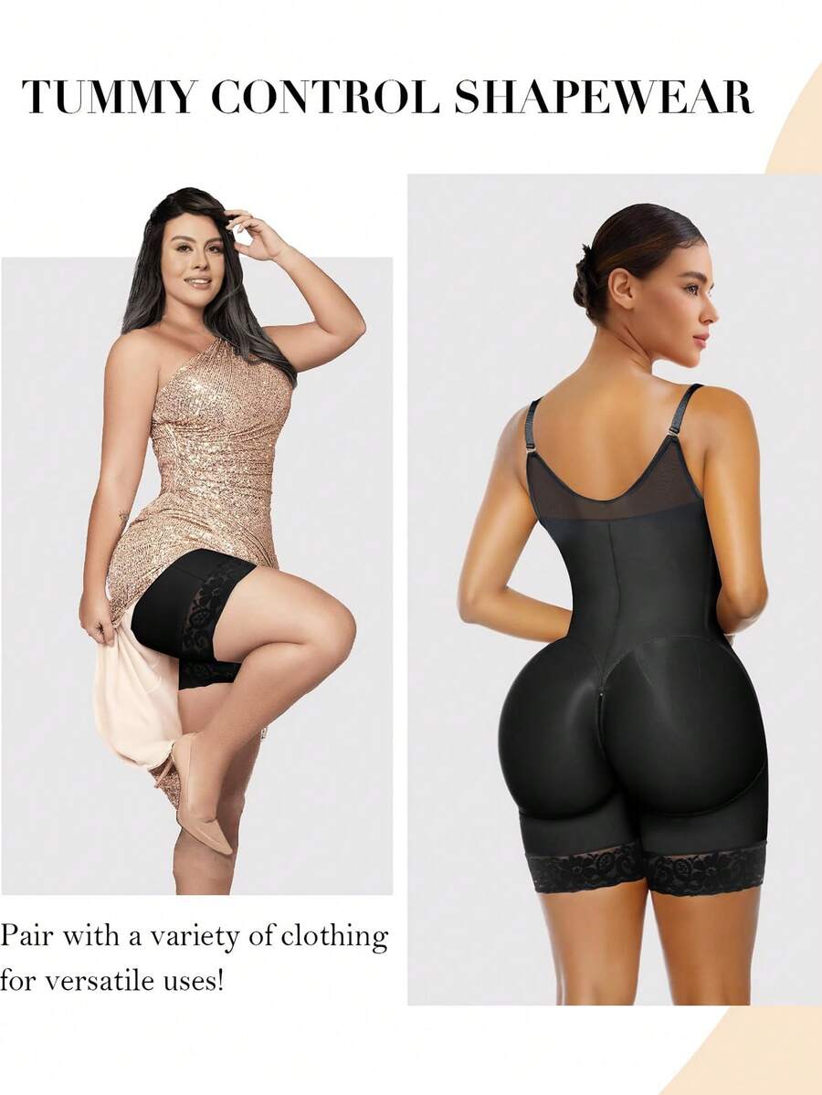 Women's black full body shaper featuring tummy control, steel bone back support, crotch zipper, and open bust design.