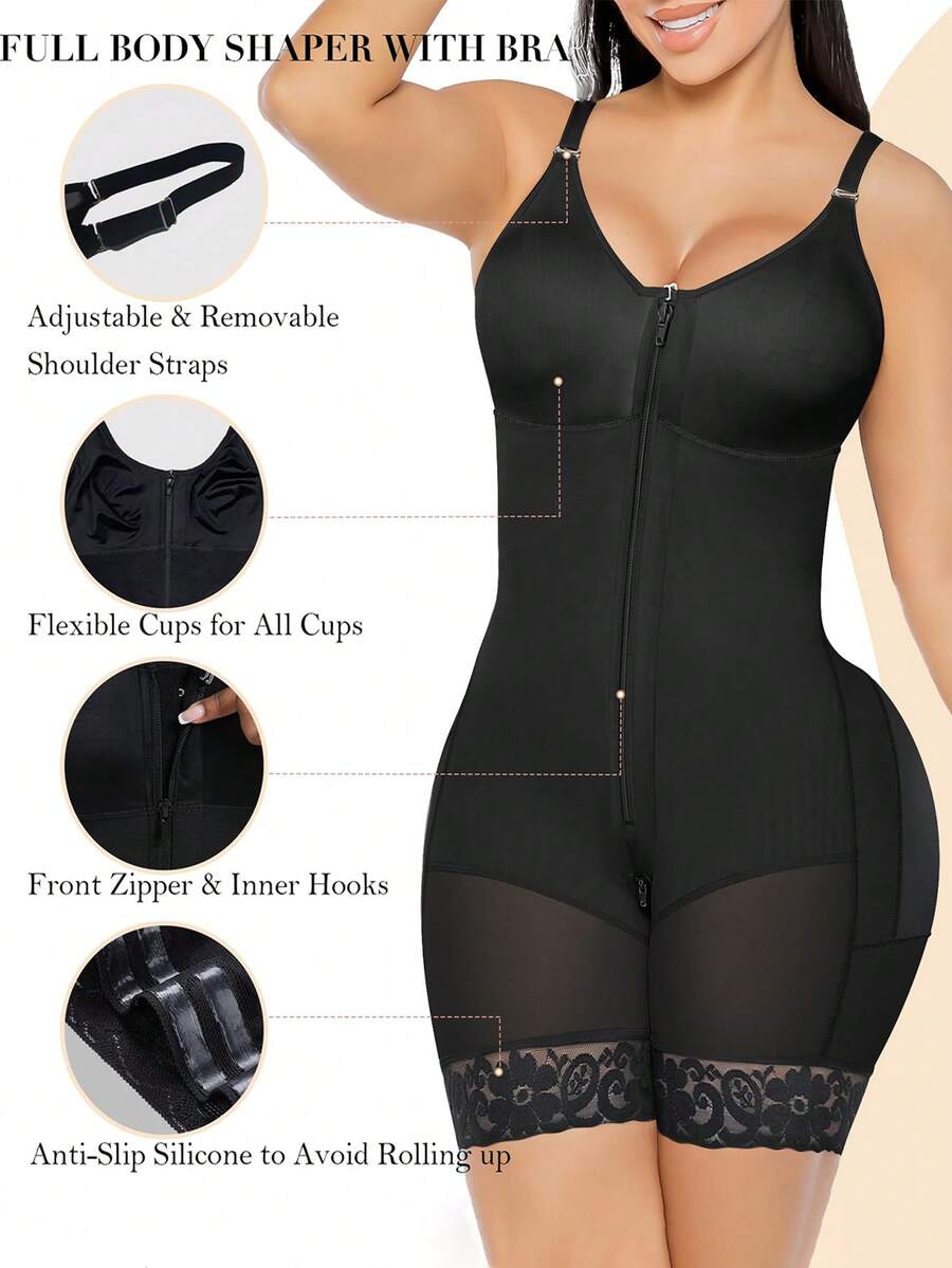 Women's black full body shaper featuring tummy control, steel bone back support, crotch zipper, and open bust design.