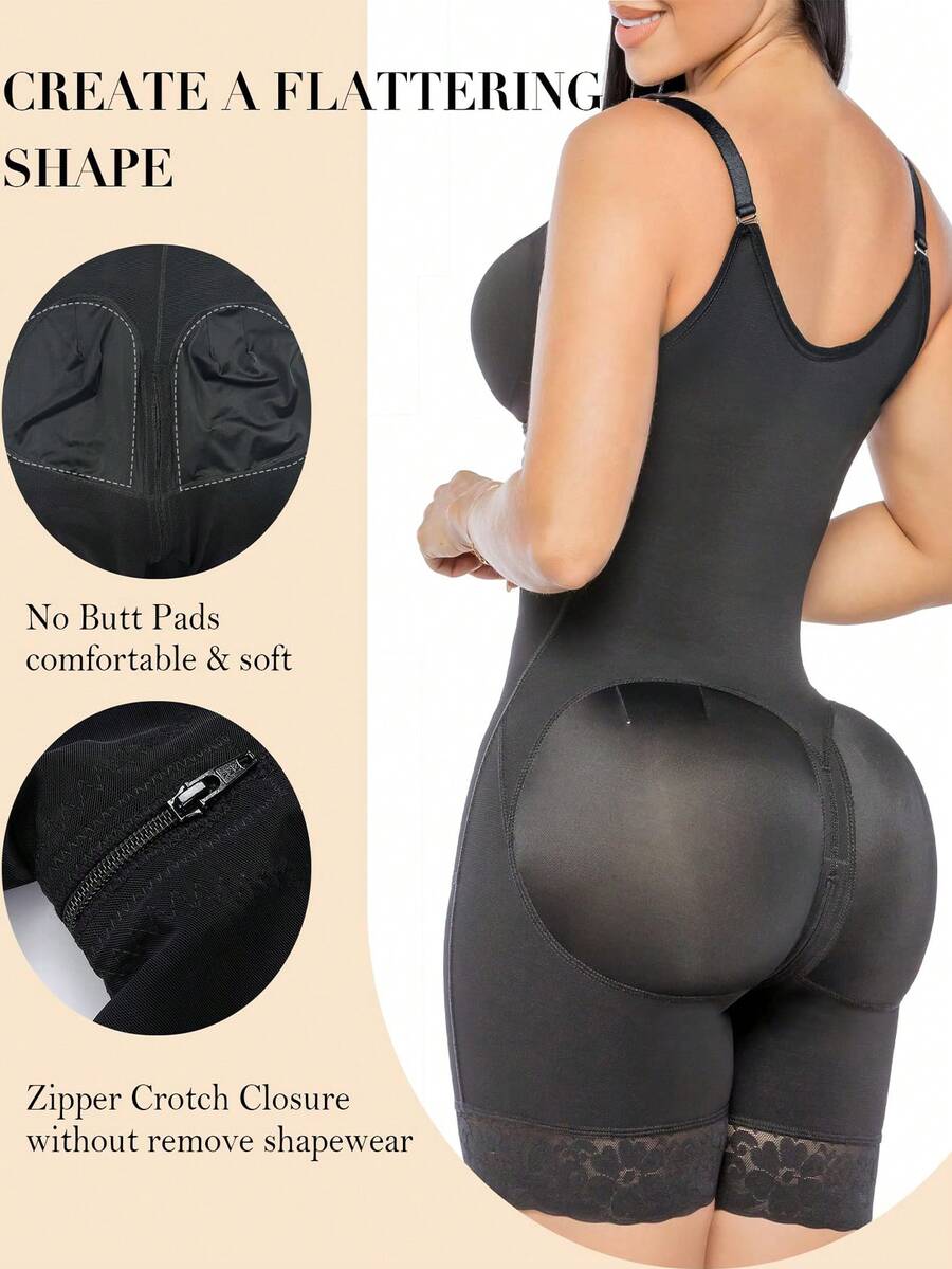 Women's black full body shaper featuring tummy control, steel bone back support, crotch zipper, and open bust design.