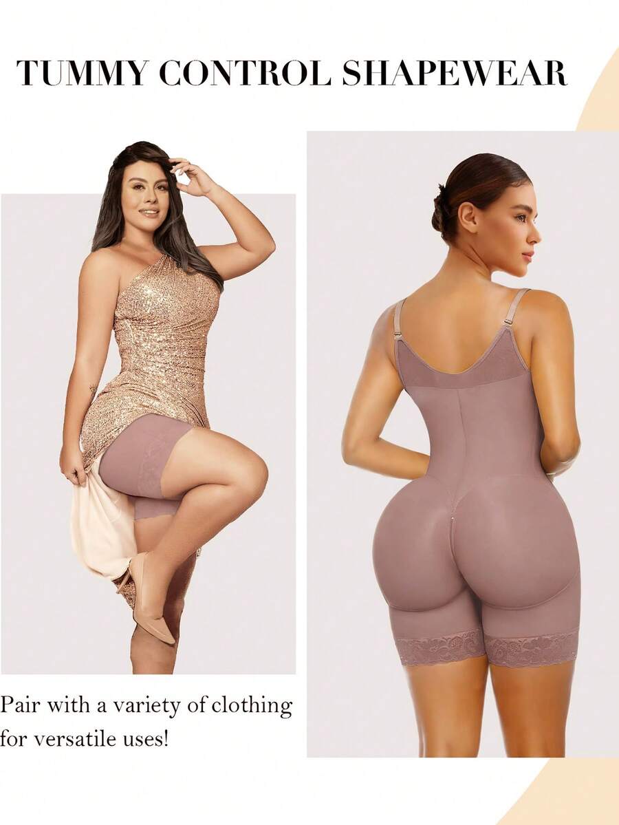 Women's black full body shaper featuring tummy control, steel bone back support, crotch zipper, and open bust design.