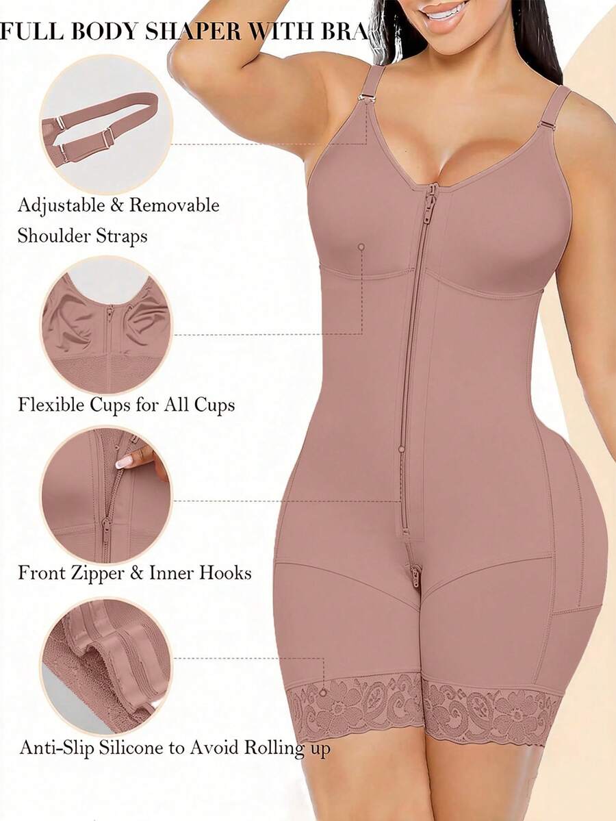 Women's black full body shaper featuring tummy control, steel bone back support, crotch zipper, and open bust design.