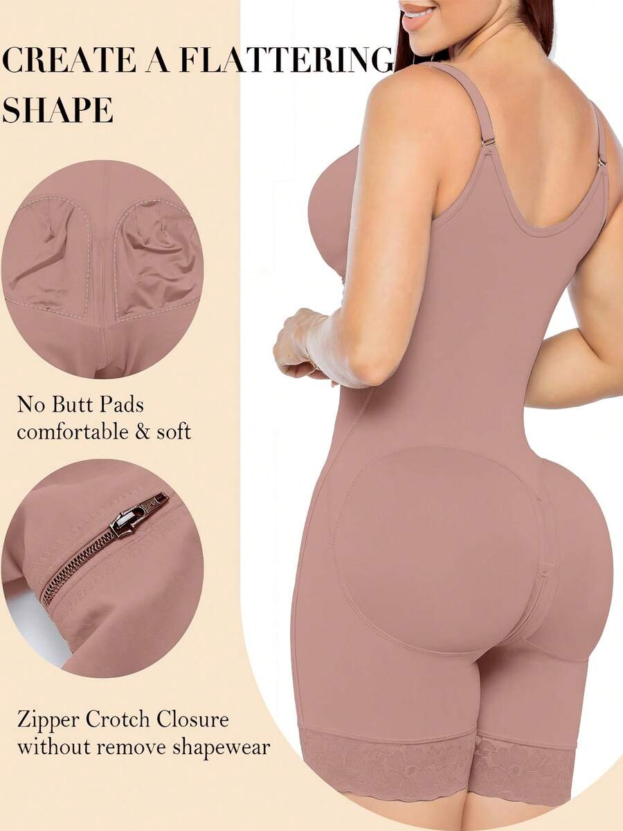 Women's black full body shaper featuring tummy control, steel bone back support, crotch zipper, and open bust design.