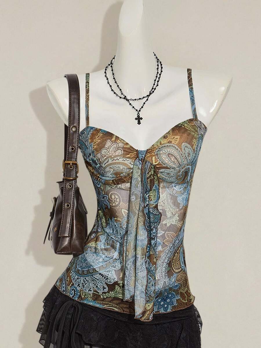 Burgundy paisley print ruched cami top for women featuring thin spaghetti straps, asymmetrical lace-up detail, and a slim fit.