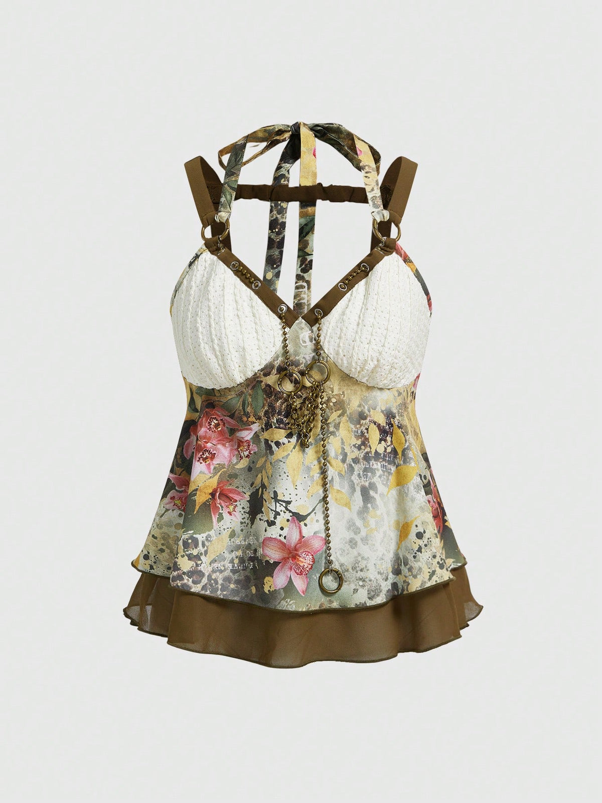 Multicolor boho cami tank top for women with floral and leopard print pattern, featuring thin straps, backless style, tie knot detail, and a ruffled hem.