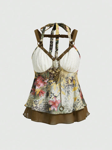 Multicolor boho cami tank top for women with floral and leopard print pattern, featuring thin straps, backless style, tie knot detail, and a ruffled hem.