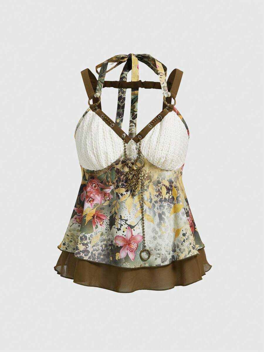 Multicolor boho cami tank top for women with floral and leopard print pattern, featuring thin straps, backless style, tie knot detail, and a ruffled hem.